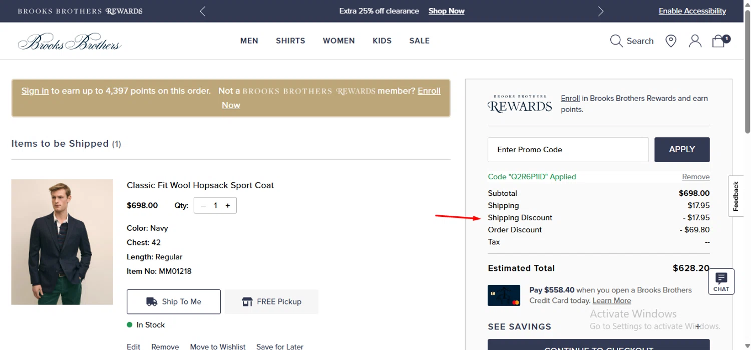 Brooks Brothers promo code screenshot showing code Q2R6P1ID applied at Brooks Brothers checkout page. Uploaded by SimplyCodes community member anosesmith on Aug 27, 2025