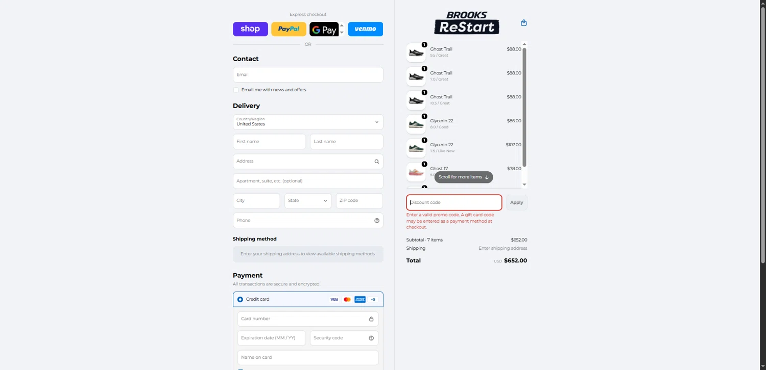 Brooks ReStart discount code screenshot showing code RESTART applied at Brooks ReStart checkout page. Uploaded by SimplyCodes community member MagnificentEagle1411 on Feb 17, 2026