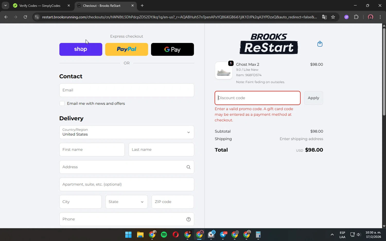 Brooks ReStart discount code screenshot showing code RESTART applied at Brooks ReStart checkout page. Uploaded by SimplyCodes community member ShrewdPilot3521 on Feb 17, 2026