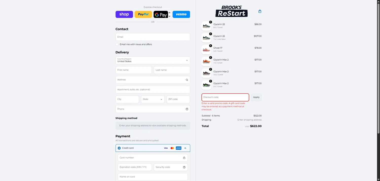 Brooks ReStart discount code screenshot showing code RESTART applied at Brooks ReStart checkout page. Uploaded by SimplyCodes community member SwiftHunter5737 on Feb 17, 2026