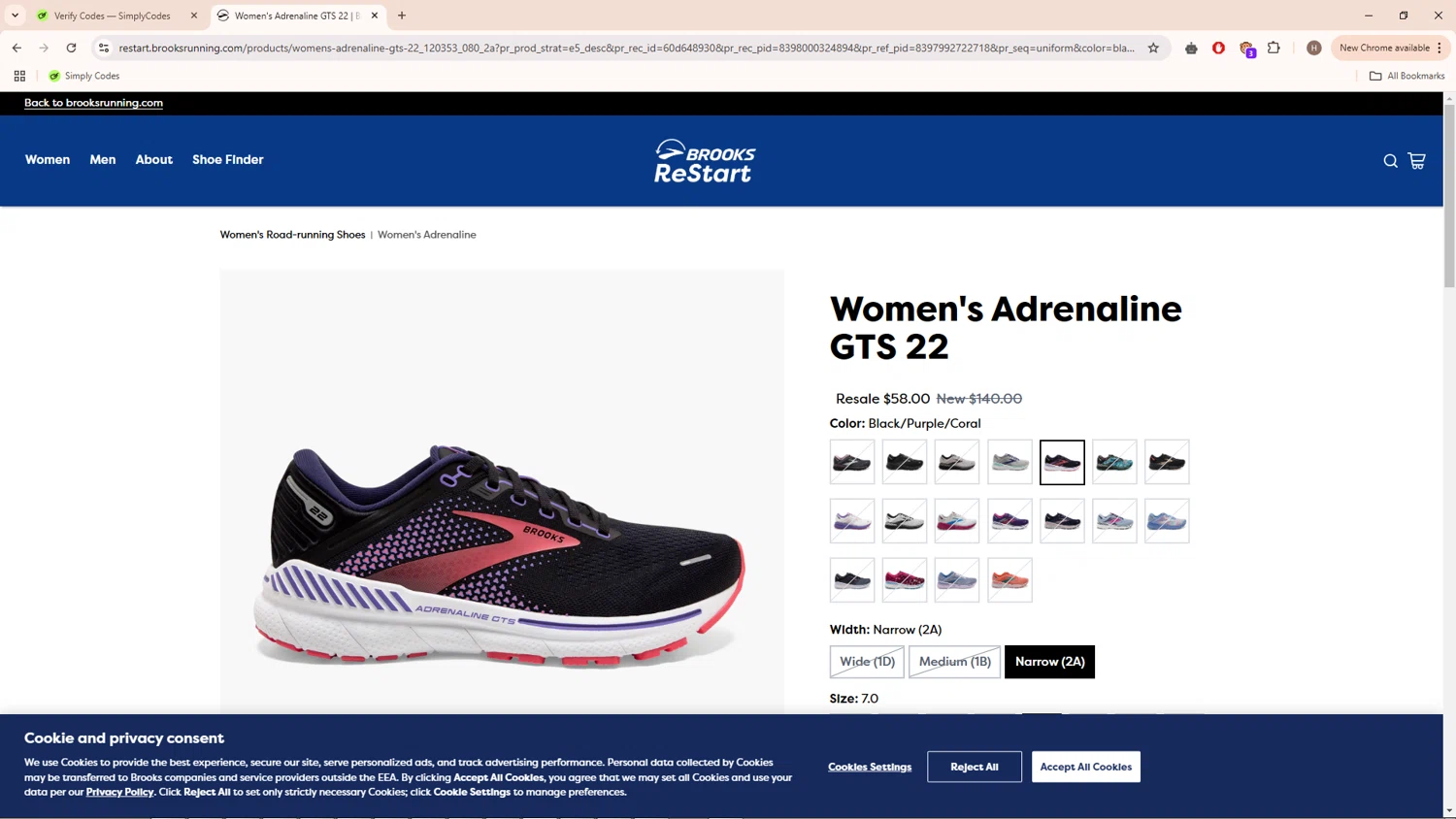 Brooks ReStart checkout page showing Brooks ReStart discount code box | Screenshot taken by SimplyCodes community member on Jan 9, 2025
