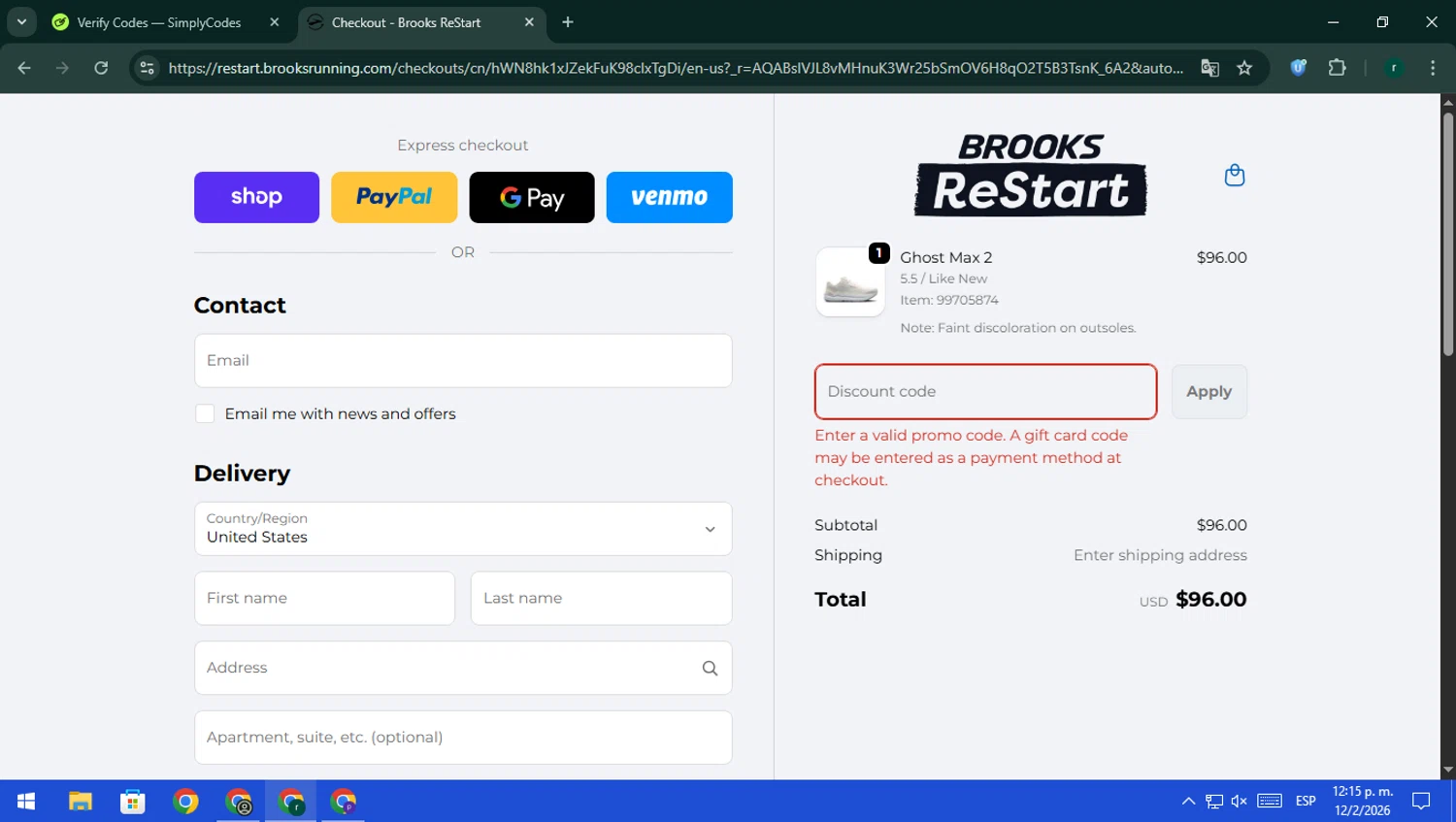 Brooks ReStart discount code screenshot showing code BLUELIGHT15 applied at Brooks ReStart checkout page. Uploaded by SimplyCodes community member rodri1 on Feb 12, 2026