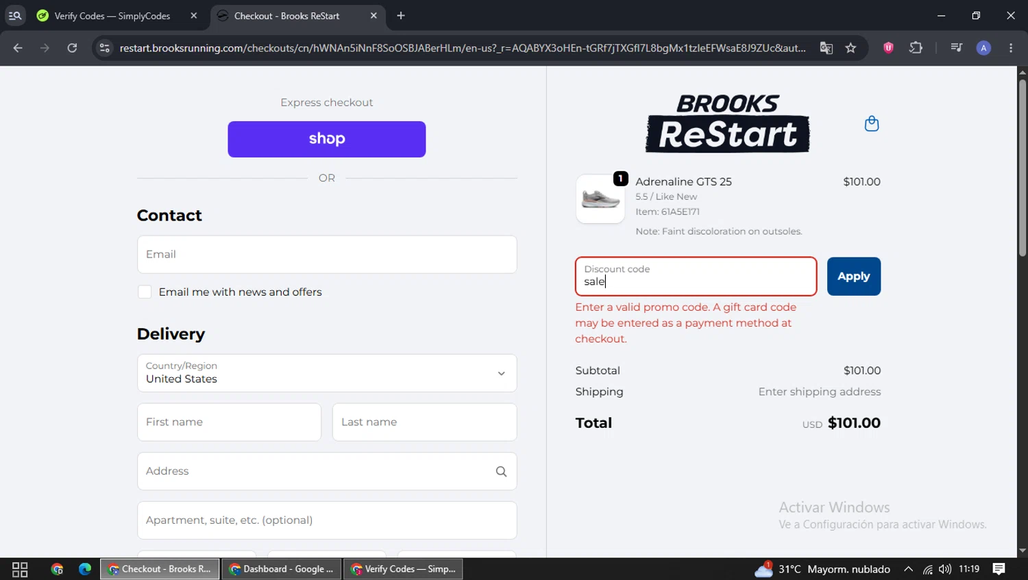 Brooks ReStart promo code screenshot showing code sale applied at Brooks ReStart checkout page. Uploaded by SimplyCodes community member BargainPilot8819 on Apr 8, 2026