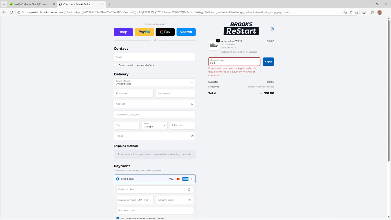 Brooks ReStart promo code screenshot showing code sale applied at Brooks ReStart checkout page. Uploaded by SimplyCodes community member Livingston on Apr 2, 2026