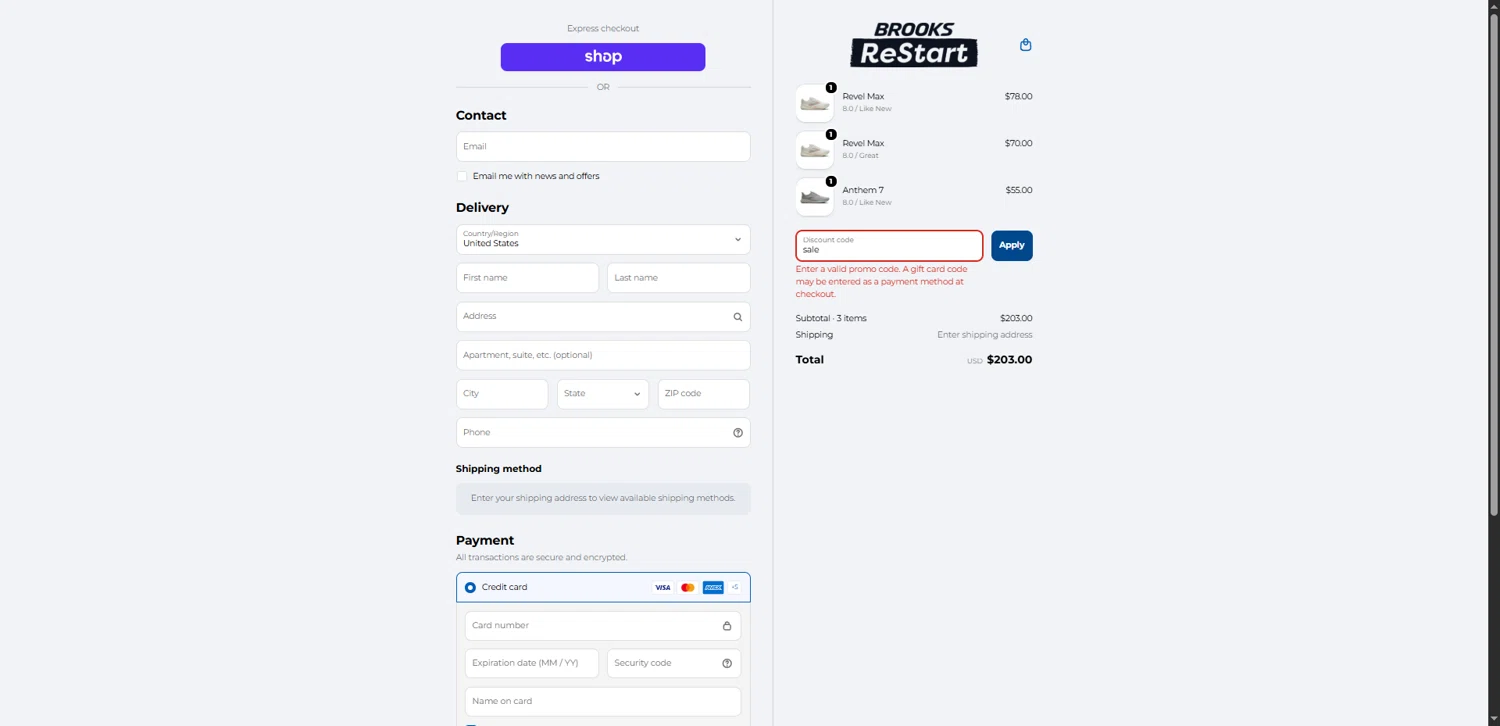 Brooks ReStart promo code screenshot showing code sale applied at Brooks ReStart checkout page. Uploaded by SimplyCodes community member QuestLynx5304 on Apr 3, 2026