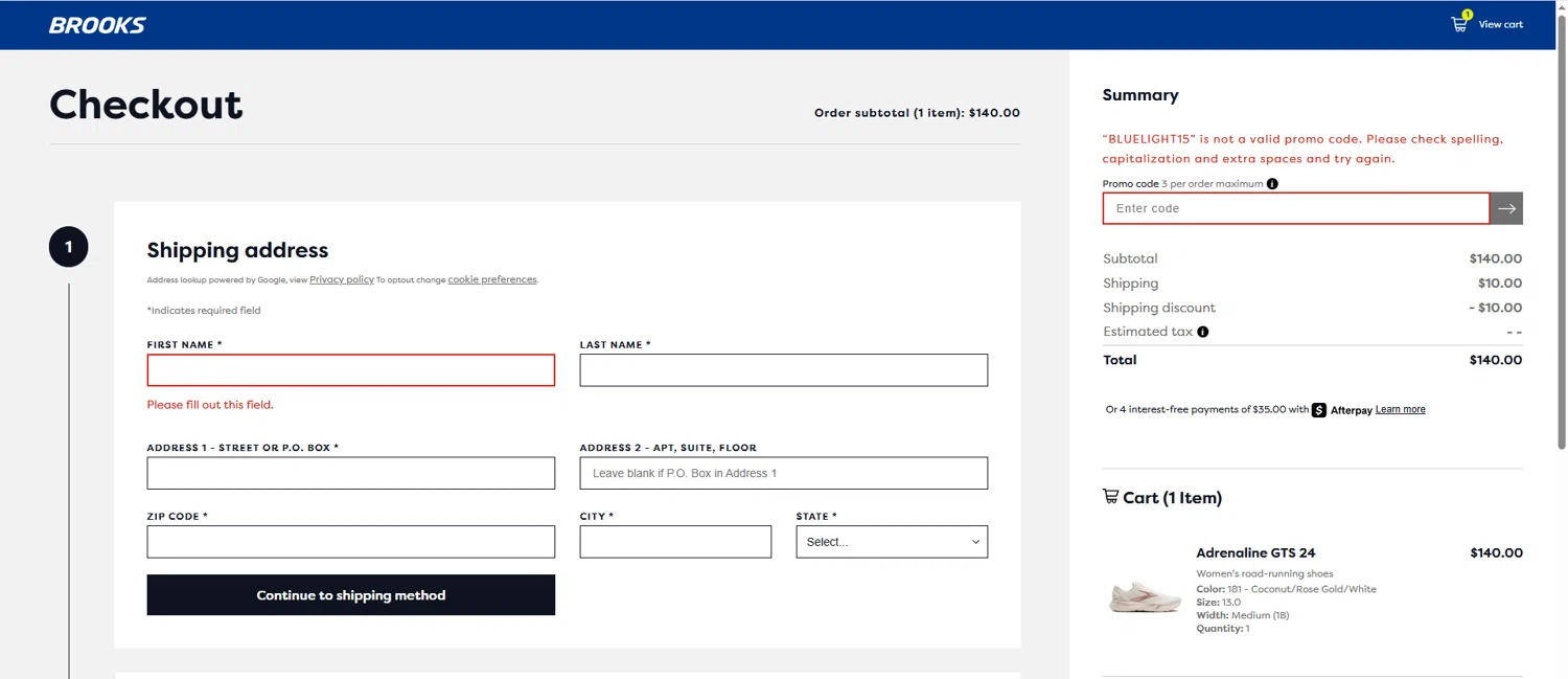 Brooks Running promo code screenshot showing code BLUELIGHT15 applied at Brooks Running checkout page. Uploaded by SimplyCodes community member VictoriousSentinel2155 on Jun 24, 2025