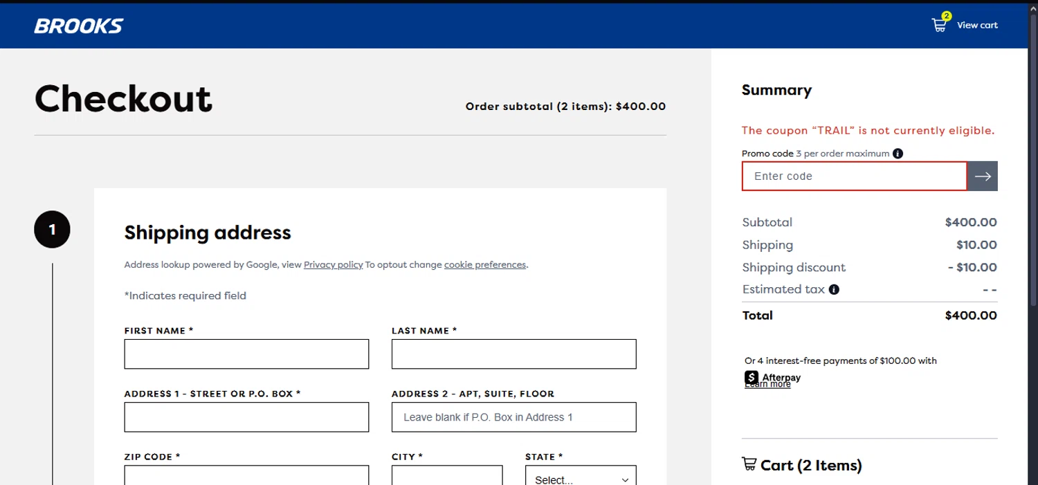 Brooks Running promo code screenshot showing code TRAIL applied at Brooks Running checkout page. Uploaded by SimplyCodes community member THEBANANA on Mar 24, 2025