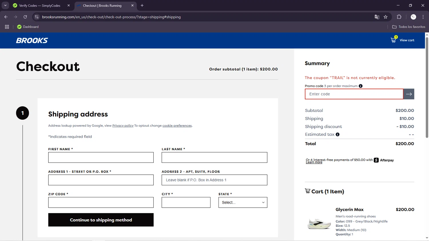 Brooks Running promo code screenshot showing code TRAIL applied at Brooks Running checkout page. Uploaded by SimplyCodes community member ScanSage643 on Mar 23, 2025