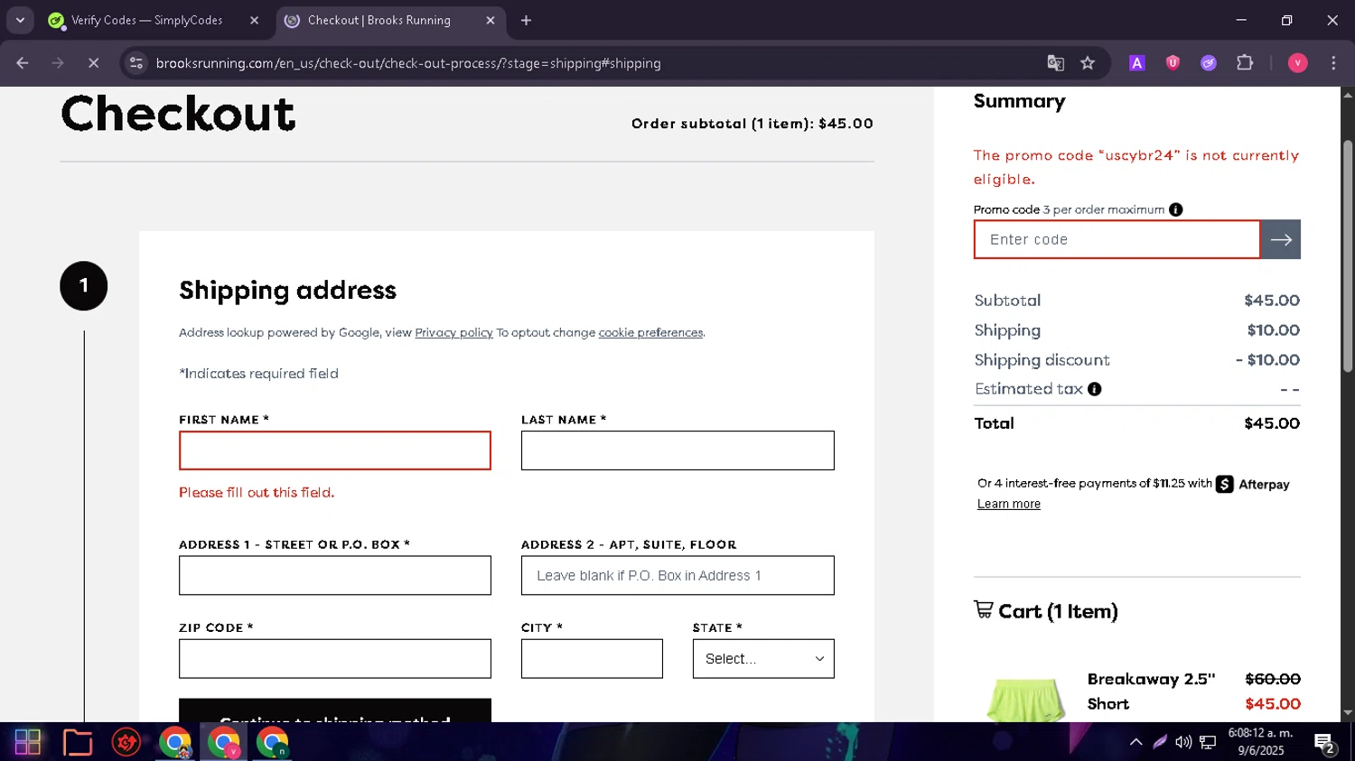 Brooks Running promo code screenshot showing code uscybr24 applied at Brooks Running checkout page. Uploaded by SimplyCodes community member GloriousMaestro4930 on Jun 9, 2025