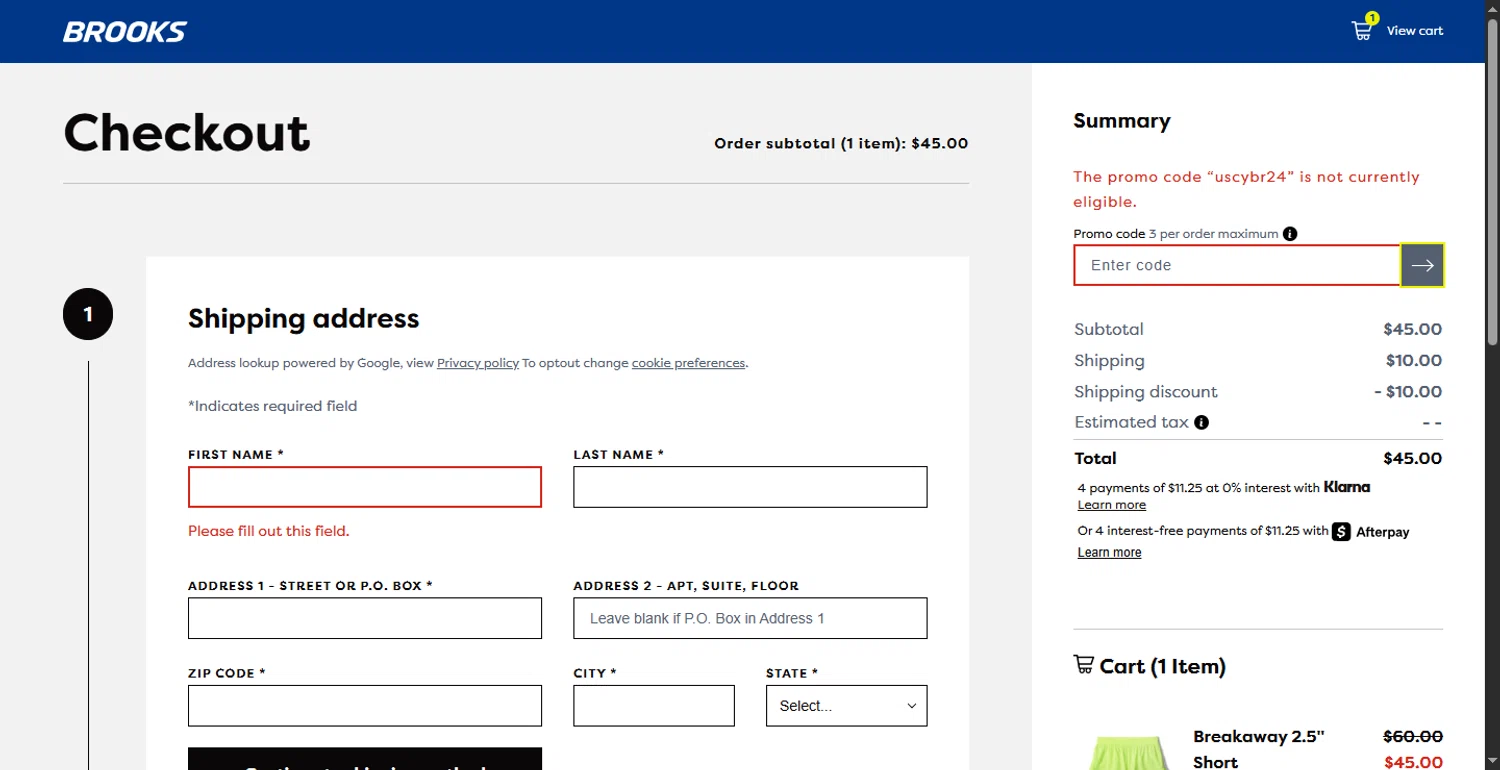 Brooks Running checkout page showing Brooks Running promo code box | Screenshot taken by SimplyCodes community member on Jun 8, 2025
