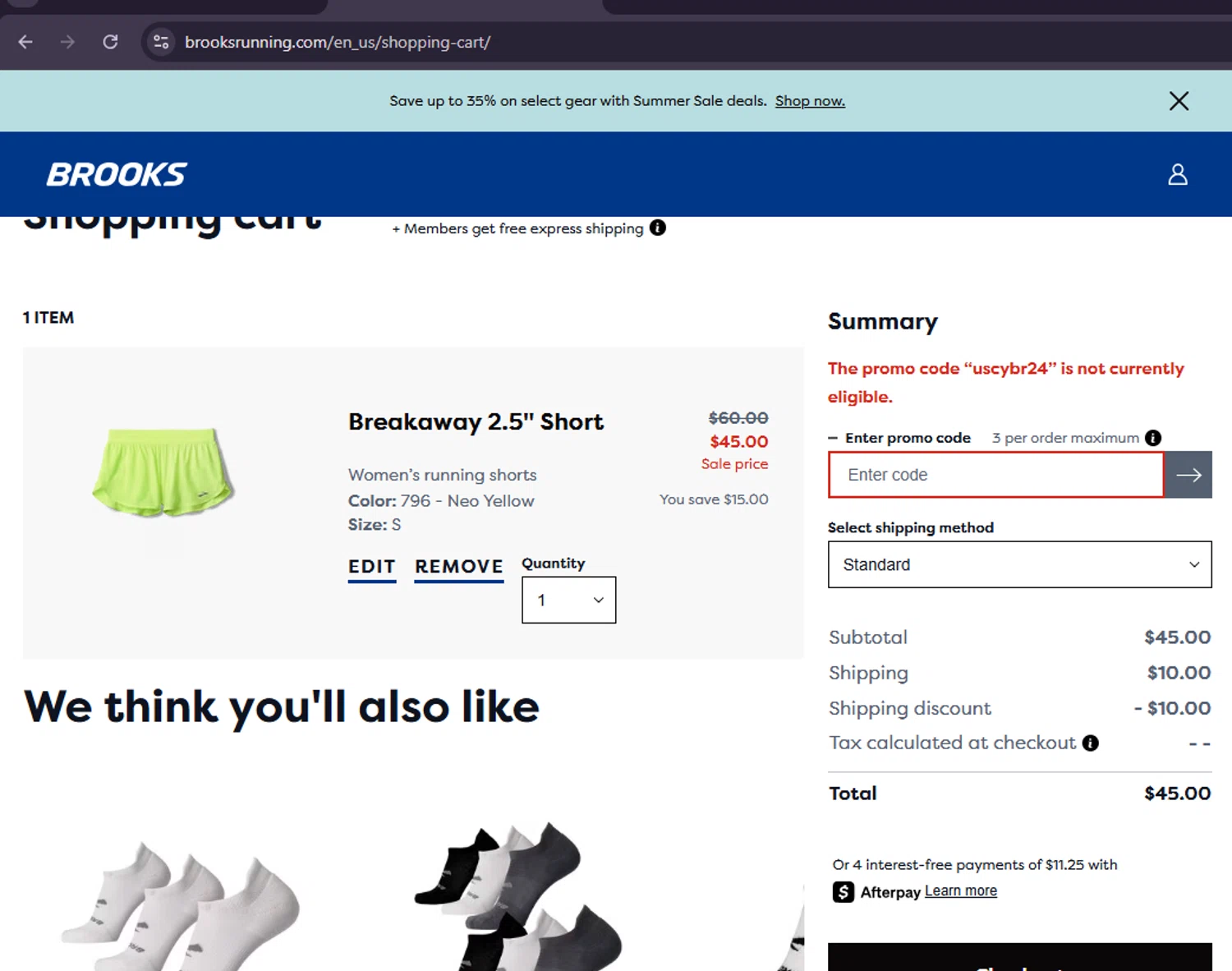 Brooks Running promo code screenshot showing code uscybr24 applied at Brooks Running checkout page. Uploaded by SimplyCodes community member MoneySage8222 on Jun 9, 2025