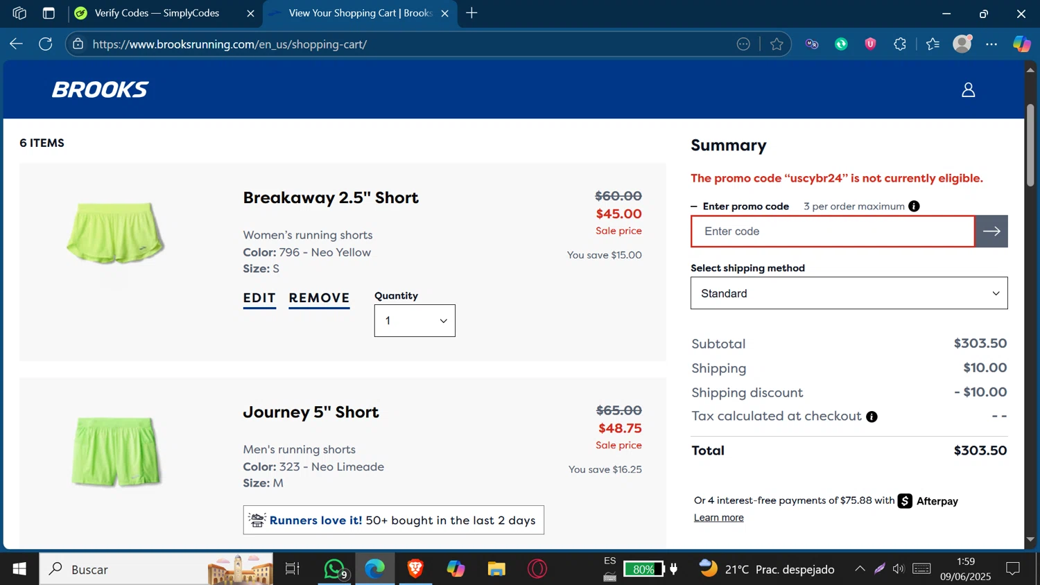 Brooks Running promo code screenshot showing code uscybr24 applied at Brooks Running checkout page. Uploaded by SimplyCodes community member Jeffersontorrealba on Jun 9, 2025