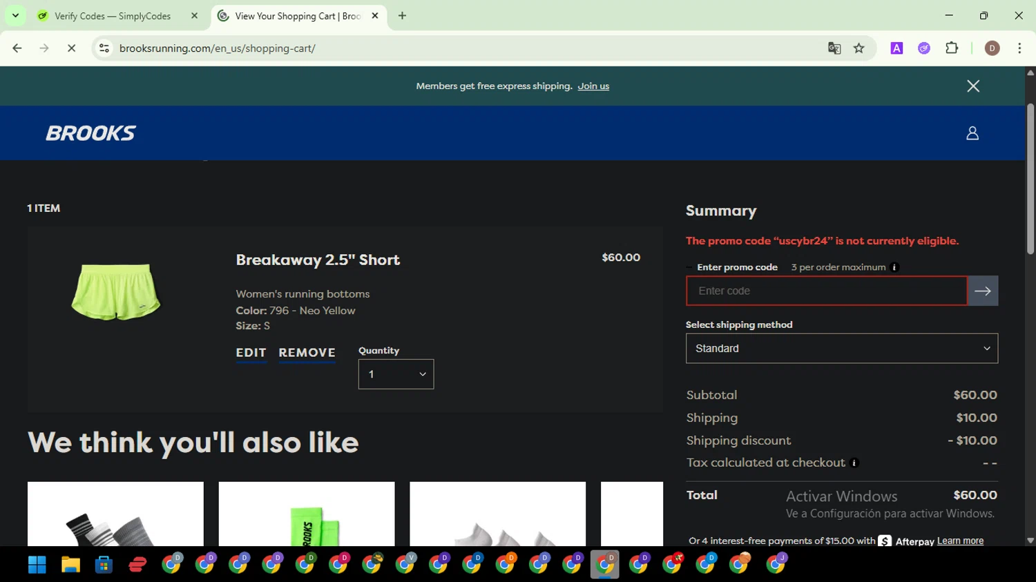 Brooks Running checkout page showing Brooks Running promo code box | Screenshot taken by SimplyCodes community member on May 15, 2025