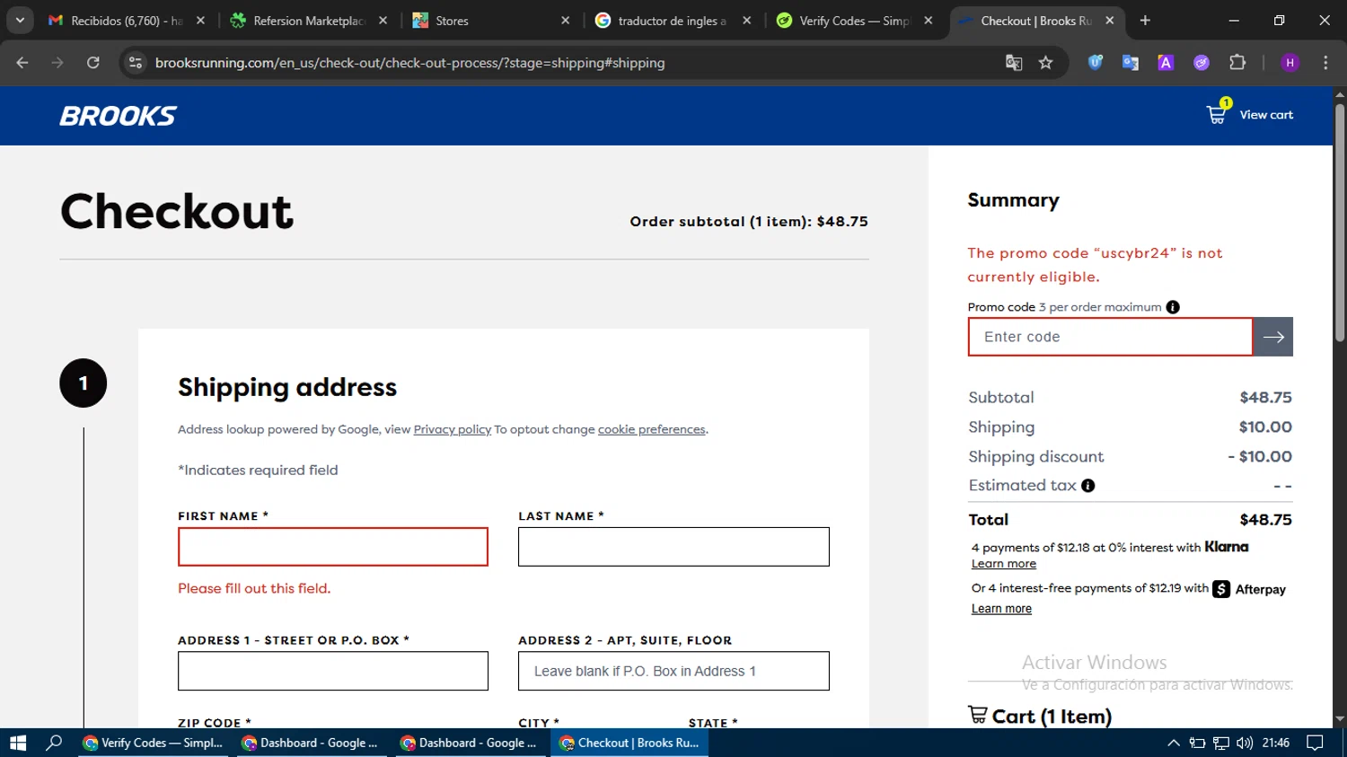 Brooks Running checkout page showing Brooks Running promo code box | Screenshot taken by SimplyCodes community member on Jun 9, 2025