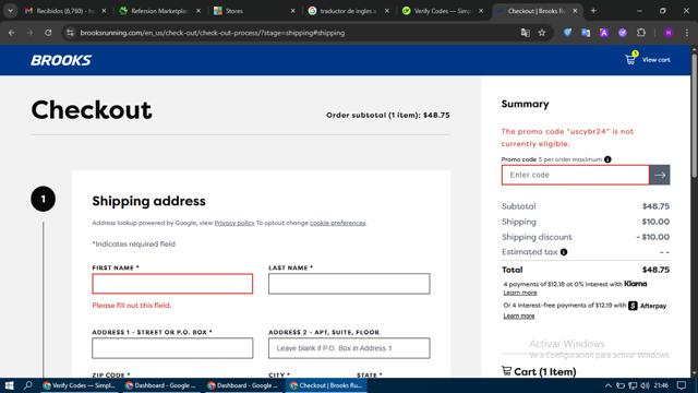 Brooks Running checkout page showing Brooks Running promo code box | Screenshot taken by SimplyCodes community member on Jun 9, 2025