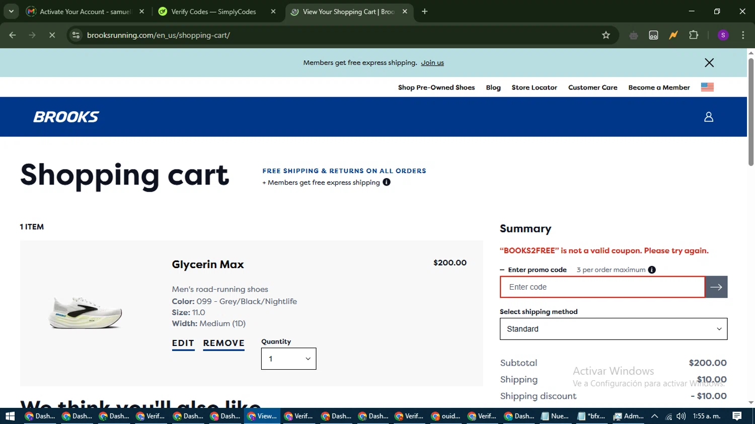 Brooks Running promo code screenshot showing code BOOKS2FREE applied at Brooks Running checkout page. Uploaded by SimplyCodes community member ShieldWarden7838 on Mar 27, 2025