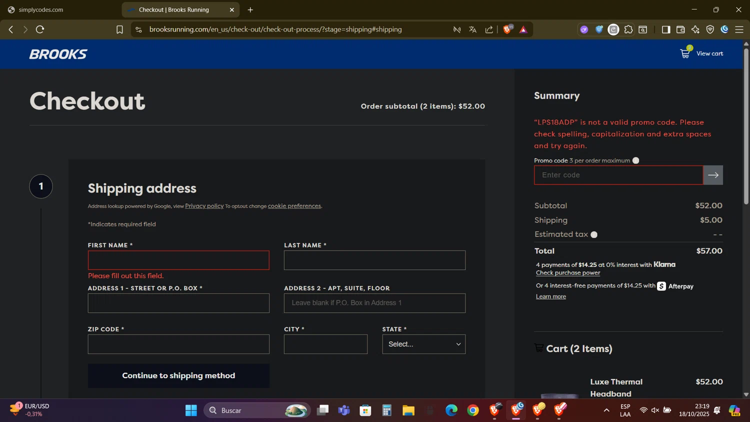 Brooks Running promo code screenshot showing code LPS18ADP applied at Brooks Running checkout page. Uploaded by SimplyCodes community member DealAdmiral5466 on Oct 19, 2025
