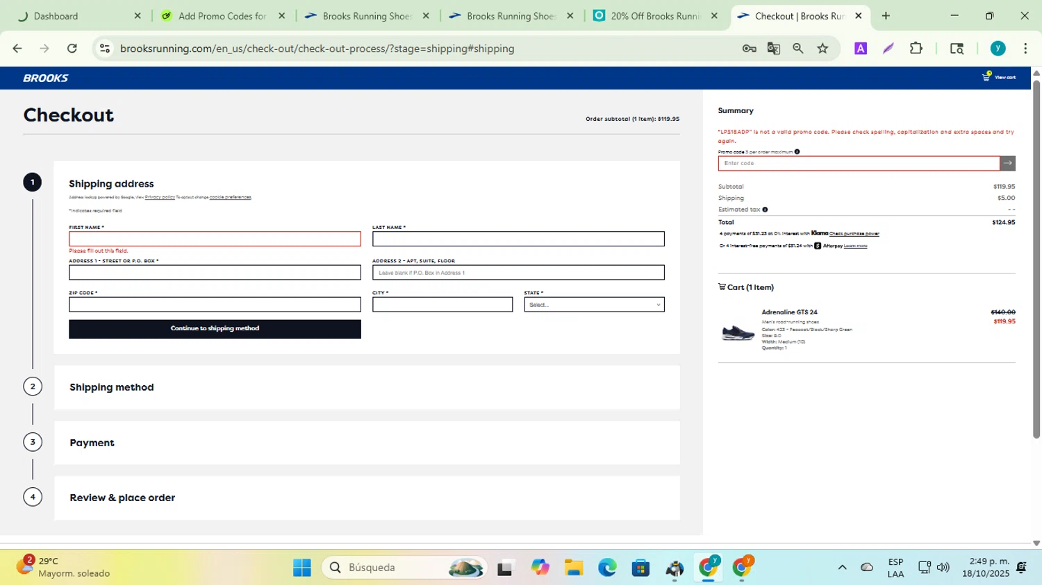 Brooks Running promo code screenshot showing code LPS18ADP applied at Brooks Running checkout page. Uploaded by SimplyCodes community member yadiracg074 on Oct 18, 2025