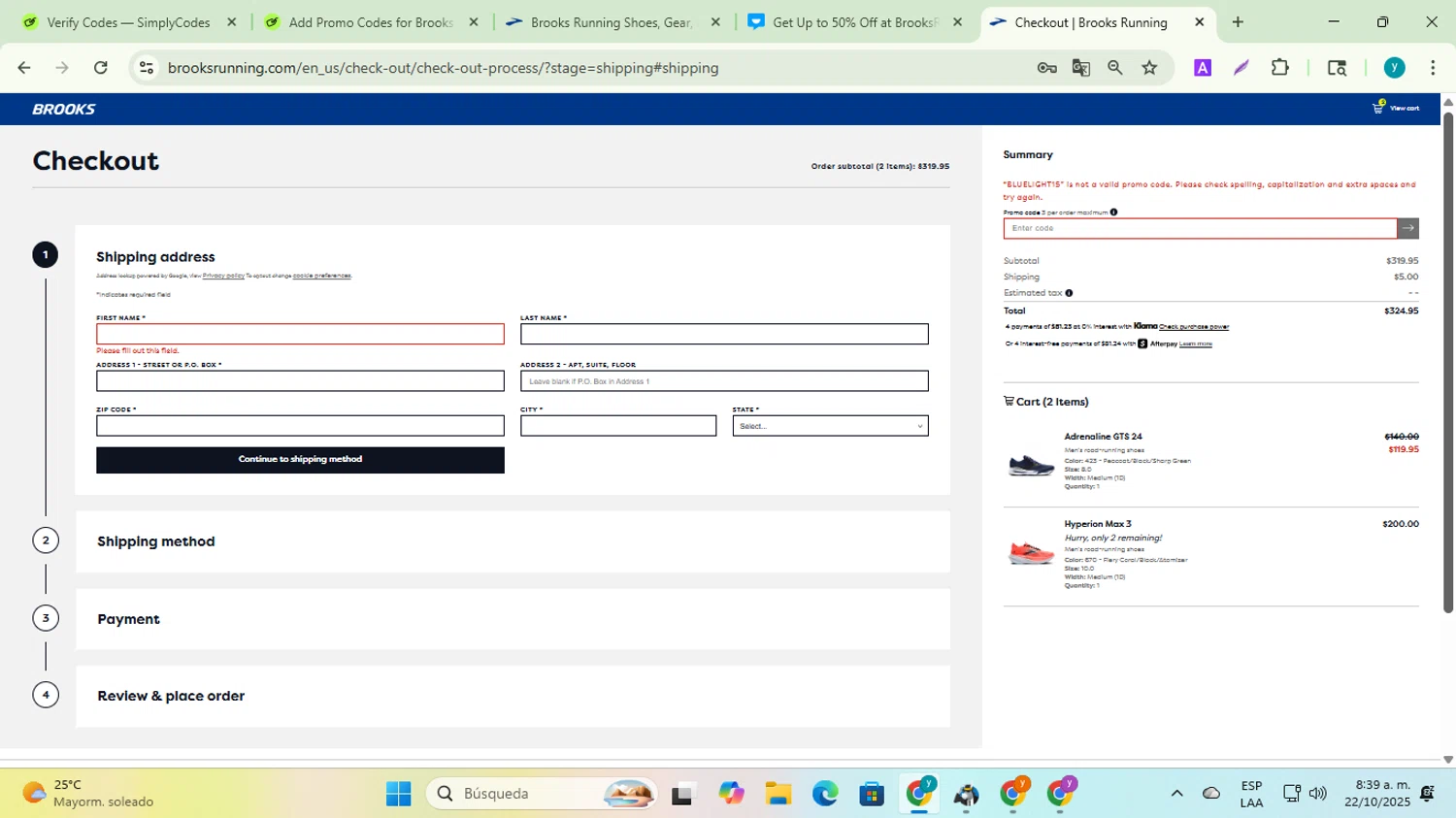Brooks Running promo code screenshot showing code BLUELIGHT15 applied at Brooks Running checkout page. Uploaded by SimplyCodes community member yadiracg074 on Oct 22, 2025