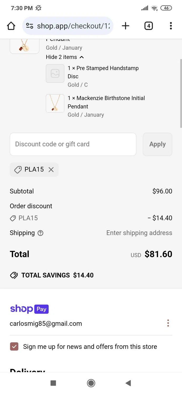 Brook & York discount code screenshot showing code PLA15 applied at Brook & York checkout page. Uploaded by SimplyCodes community member MightyBoss9975 on May 6, 2025