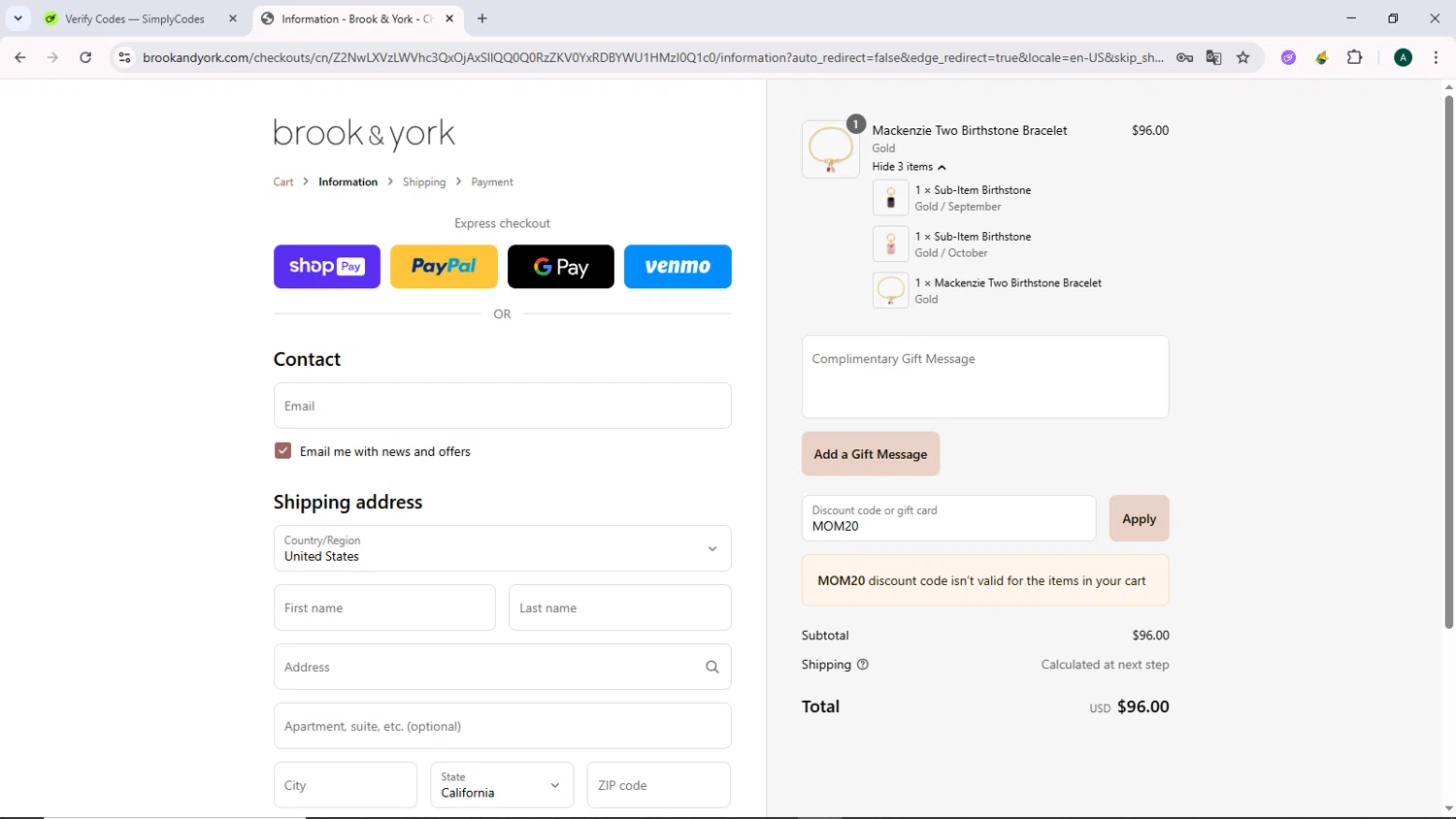 Brook & York discount code screenshot showing code MOM20 applied at Brook & York checkout page. Uploaded by SimplyCodes community member DiscountCurator2907 on Jun 26, 2025