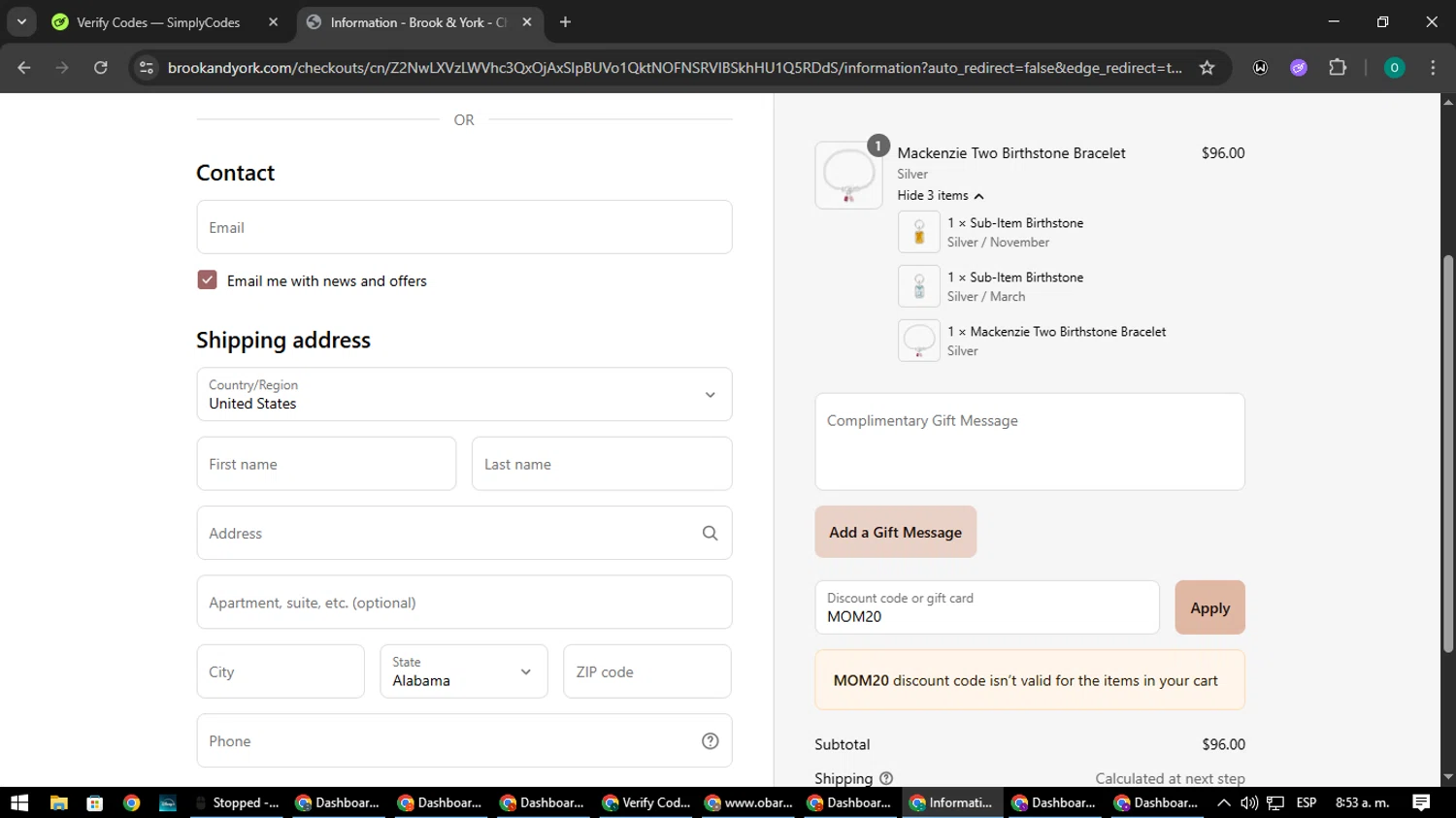 Brook & York discount code screenshot showing code MOM20 applied at Brook & York checkout page. Uploaded by SimplyCodes community member LuckyDefender9428 on Jul 4, 2025