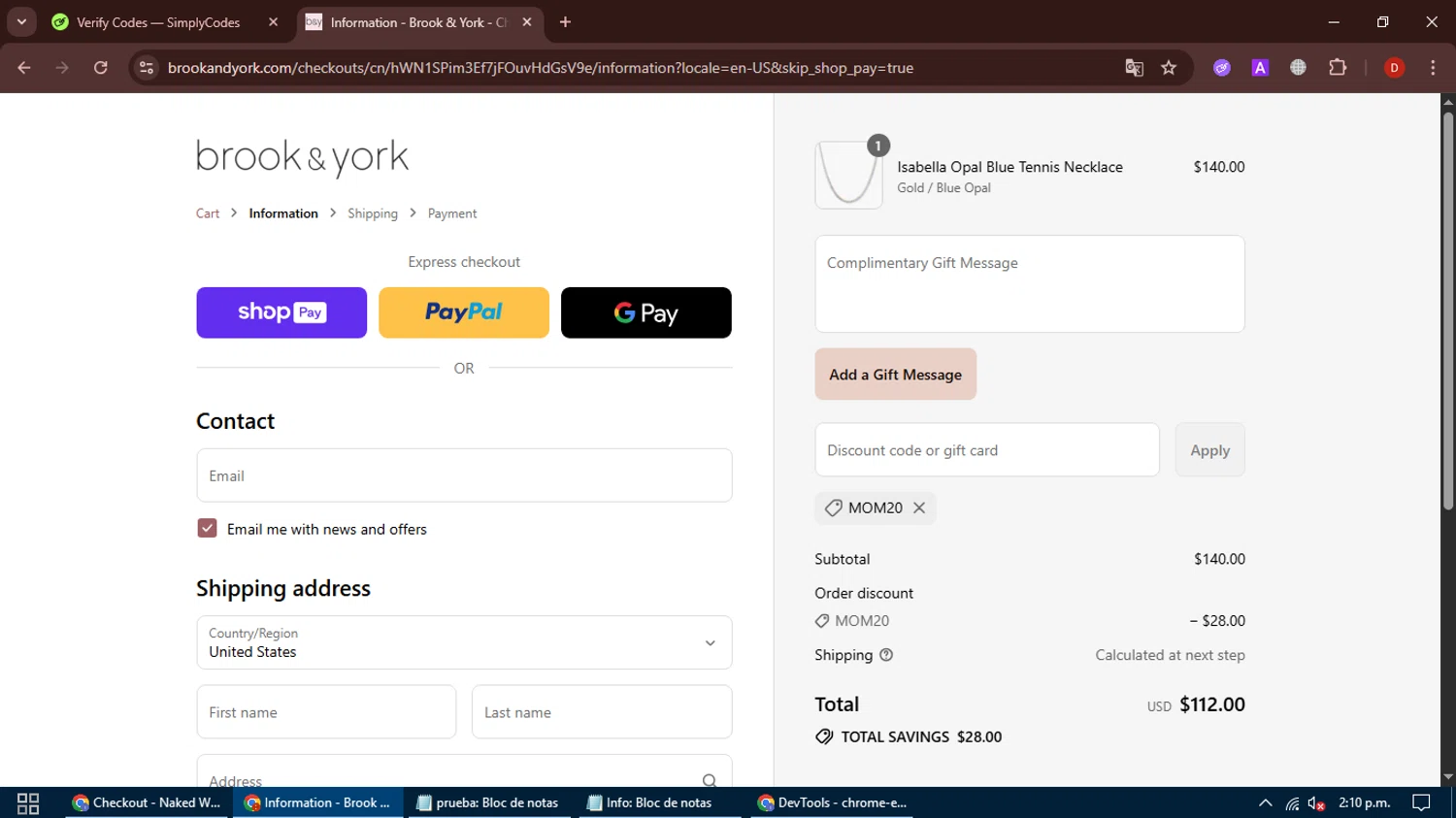 Brook & York discount code screenshot showing code MOM20 applied at Brook & York checkout page. Uploaded by SimplyCodes community member PeachPrincesa on Aug 5, 2025