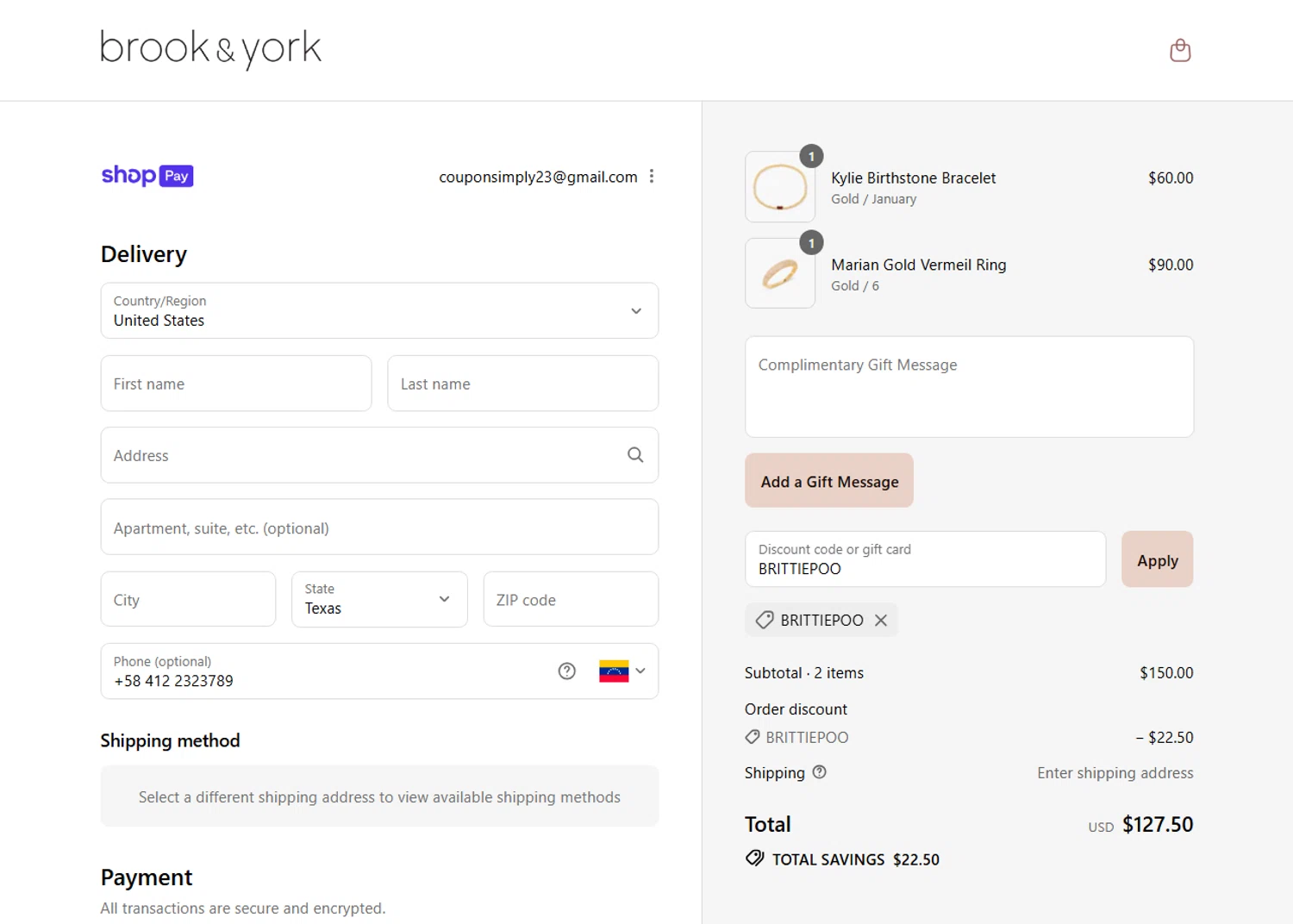 Brook & York discount code screenshot showing code BRITTIEPOO applied at Brook & York checkout page. Uploaded by SimplyCodes community member CarmenAyuth on Jul 23, 2025