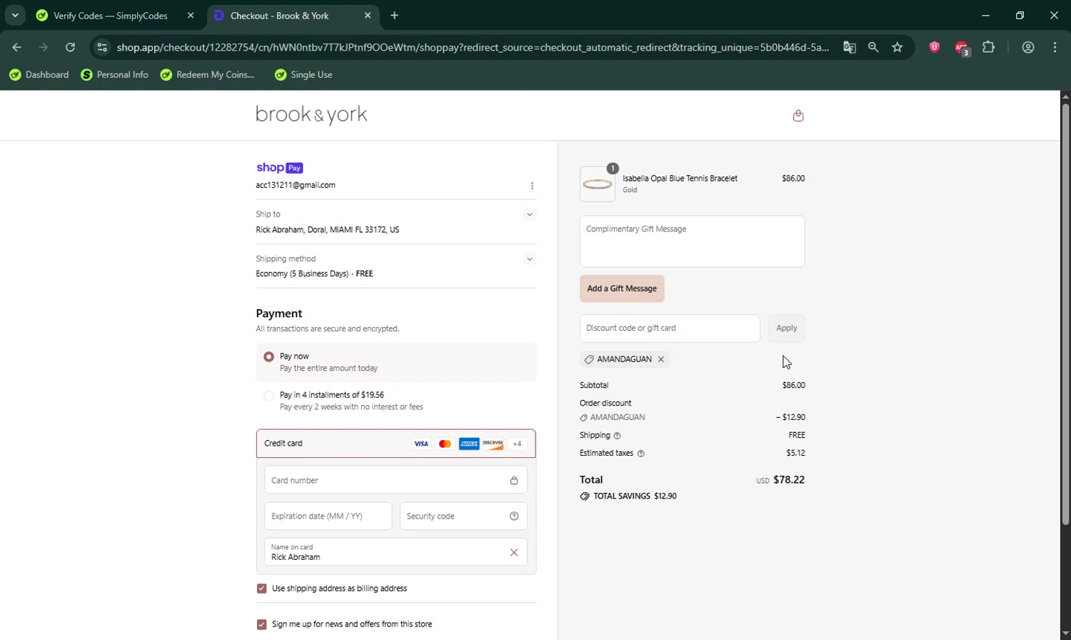 Brook & York discount code screenshot showing code AMANDAGUAN applied at Brook & York checkout page. Uploaded by SimplyCodes community member LHaunter on Jul 19, 2025