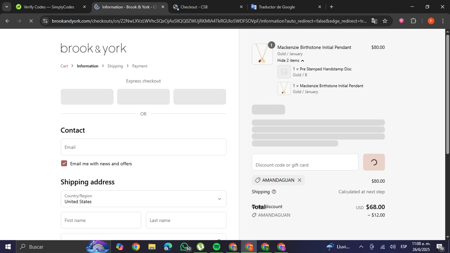 Brook & York discount code screenshot showing code AMANDAGUAN applied at Brook & York checkout page. Uploaded by SimplyCodes community member VictoriousCaptain2658 on Jun 26, 2025