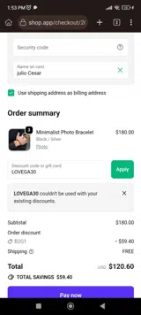 LOVEGA30 coupon verification screenshot