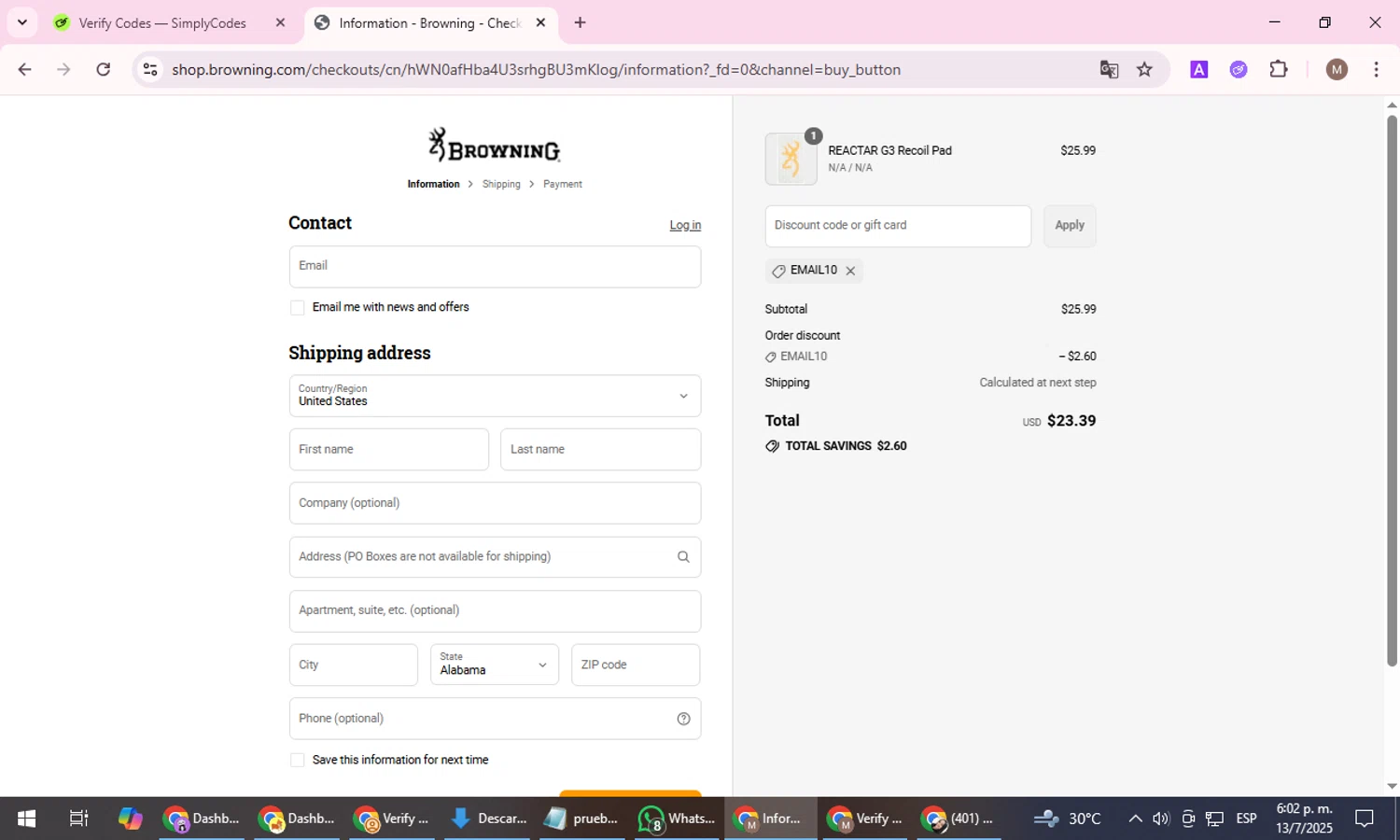 Browning discount code screenshot showing code EMAIL10 applied at Browning checkout page. Uploaded by SimplyCodes community member FrugalGuardian6154 on Jul 13, 2025