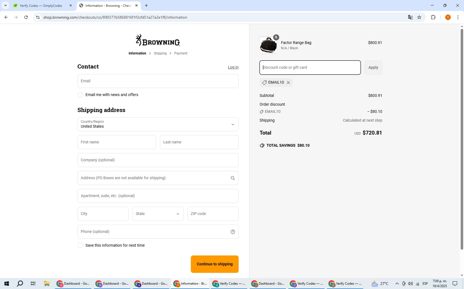Browning discount code screenshot showing code EMAIL10 applied at Browning checkout page. Uploaded by SimplyCodes community member EpicHero3141 on Apr 18, 2025