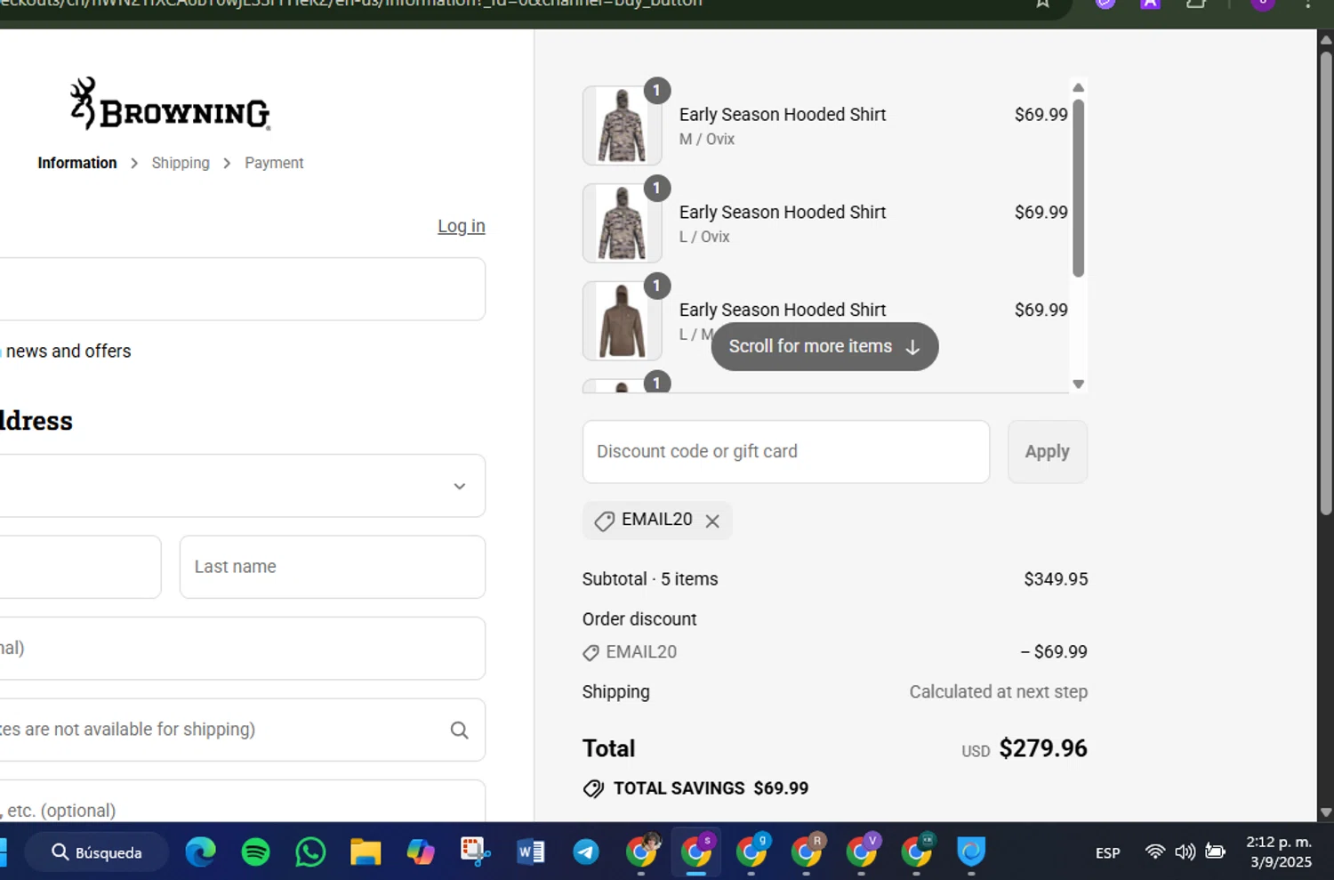 Browning discount code screenshot showing code email20 applied at Browning checkout page. Uploaded by SimplyCodes community member Lamadama on Sep 3, 2025