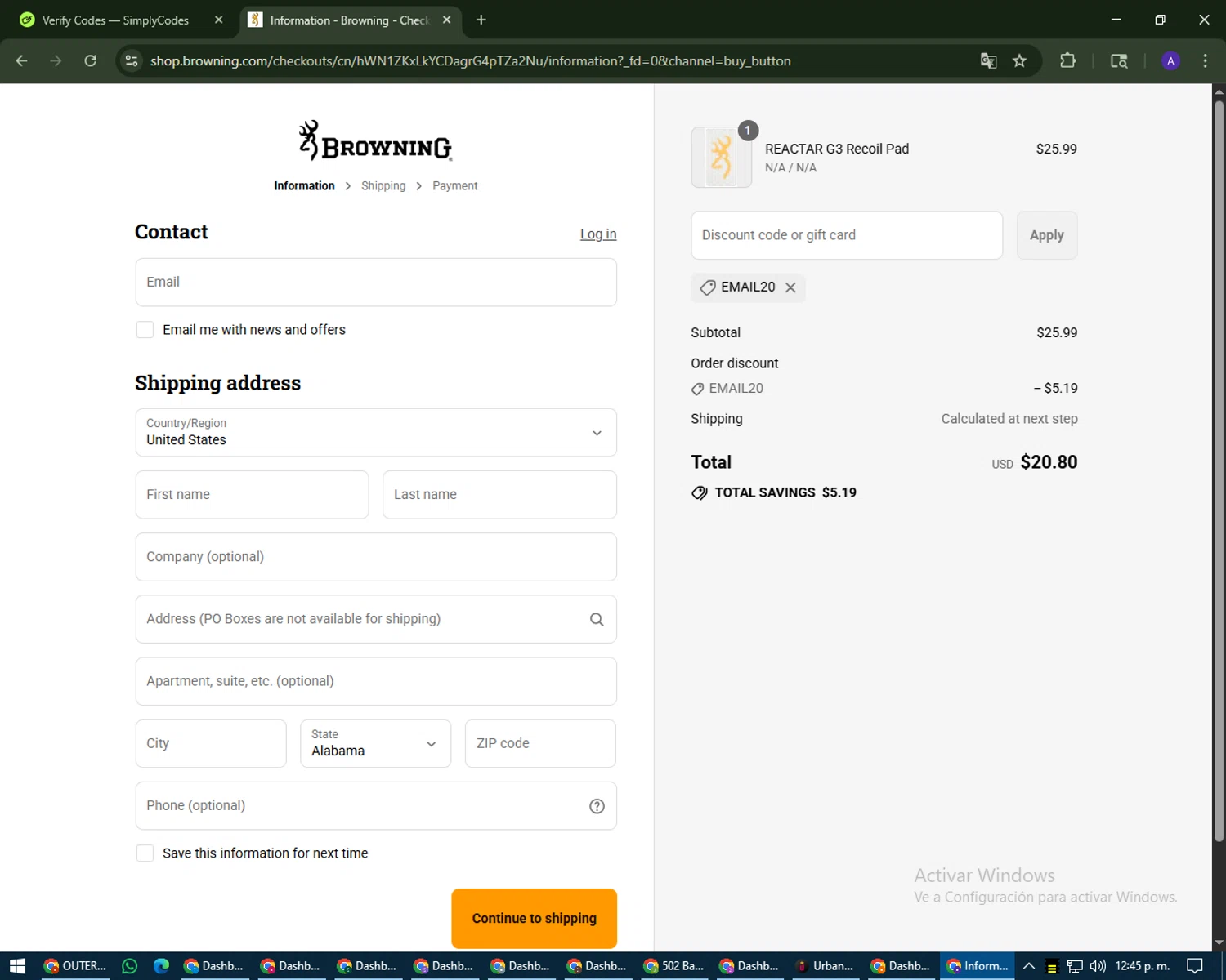 Browning discount code screenshot showing code email20 applied at Browning checkout page. Uploaded by SimplyCodes community member MagnificentWarden4603 on Aug 8, 2025
