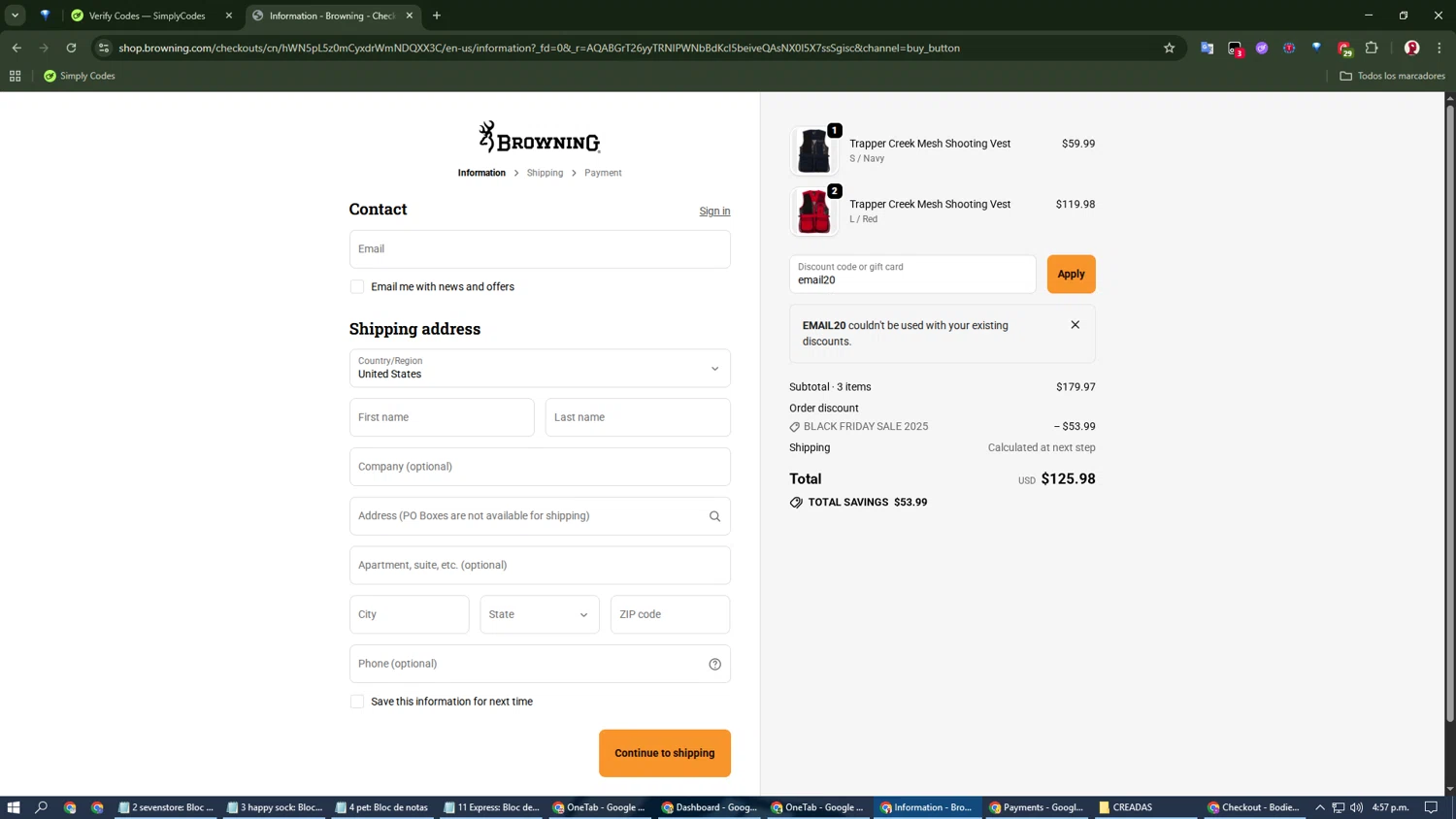 Browning discount code screenshot showing code email20 applied at Browning checkout page. Uploaded by SimplyCodes community member Spiderman_04 on Nov 28, 2025