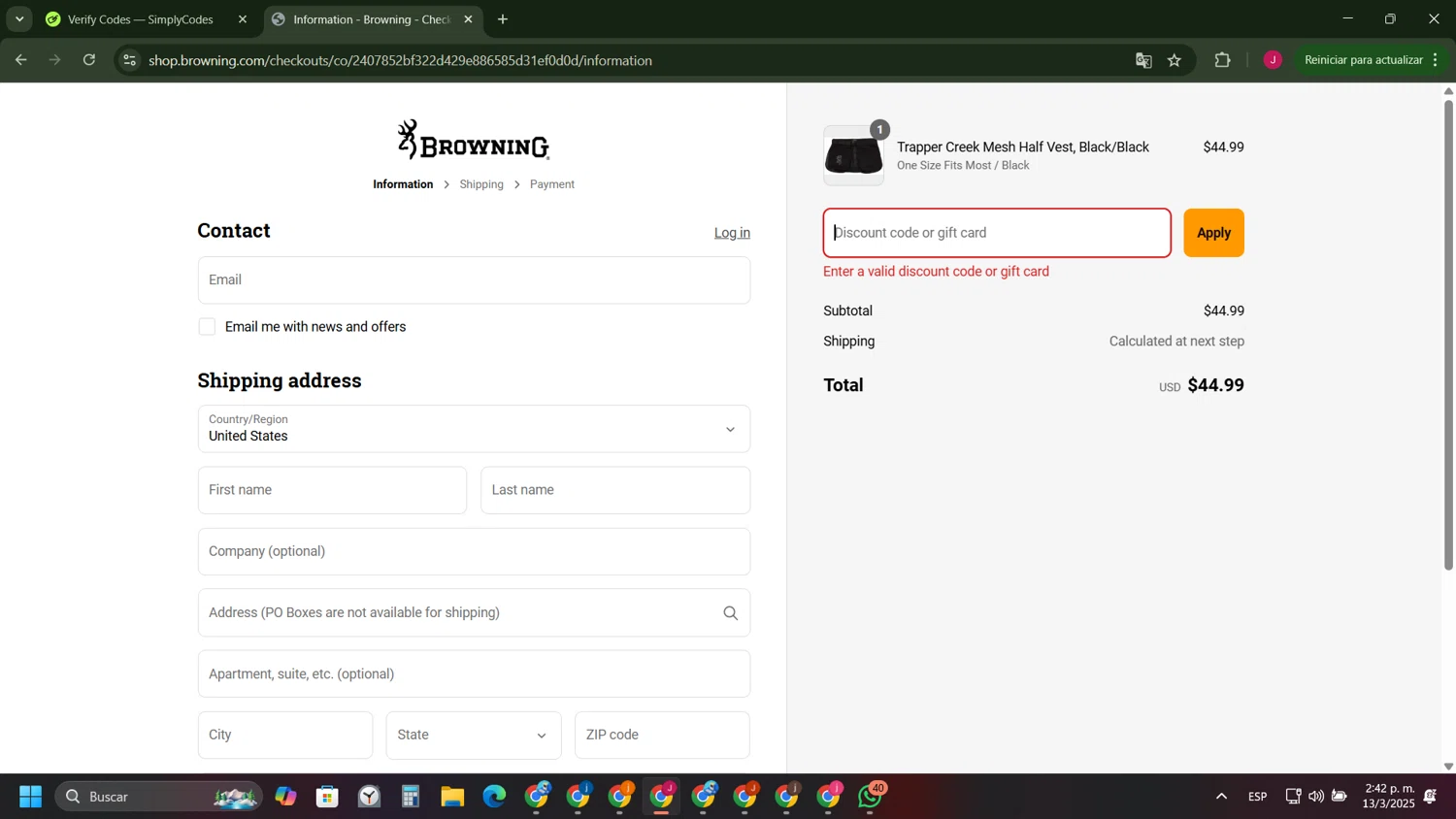 Browning discount code screenshot showing code BFCM24 applied at Browning checkout page. Uploaded by SimplyCodes community member FrugalFinder745 on Mar 13, 2025