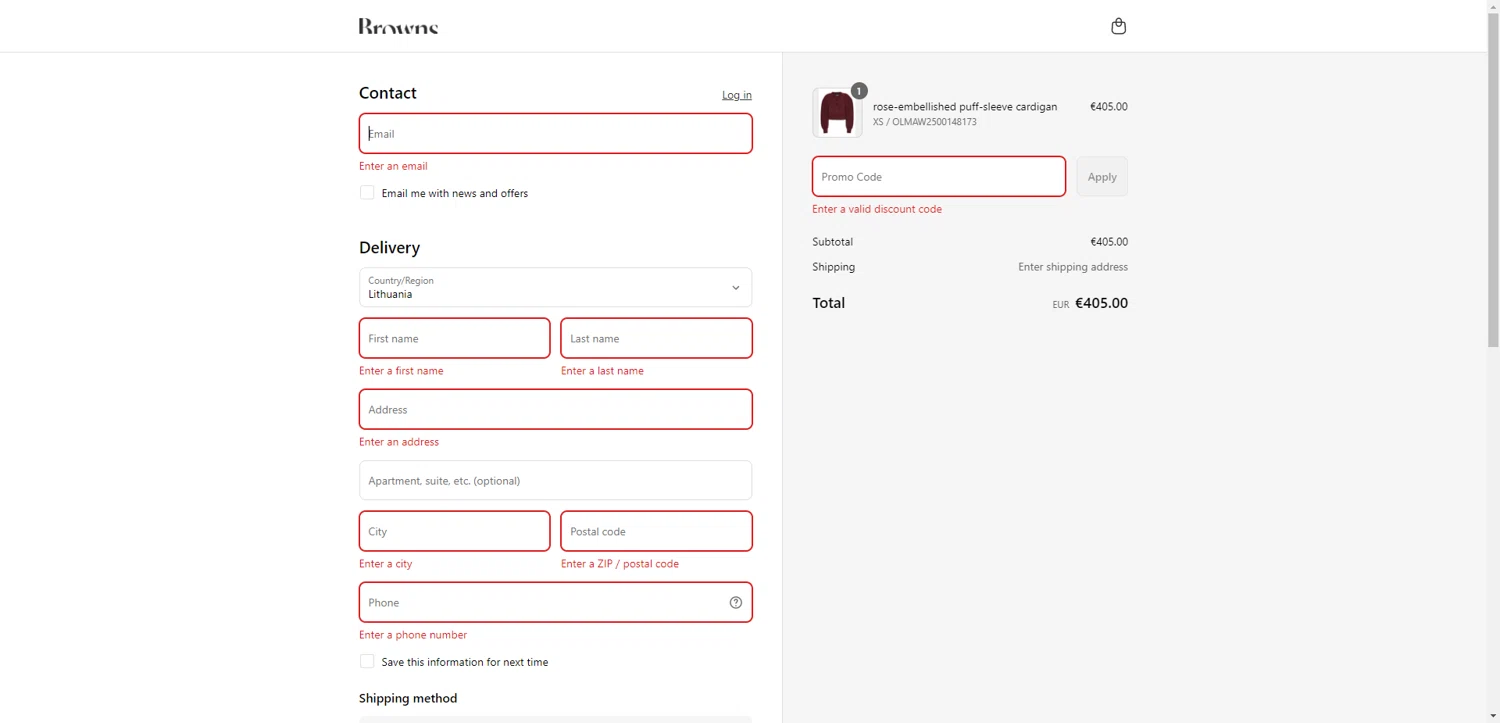 Browns Fashion promo code screenshot showing code 20sale applied at Browns Fashion checkout page. Uploaded by SimplyCodes community member ValiantAce1810 on Aug 22, 2025