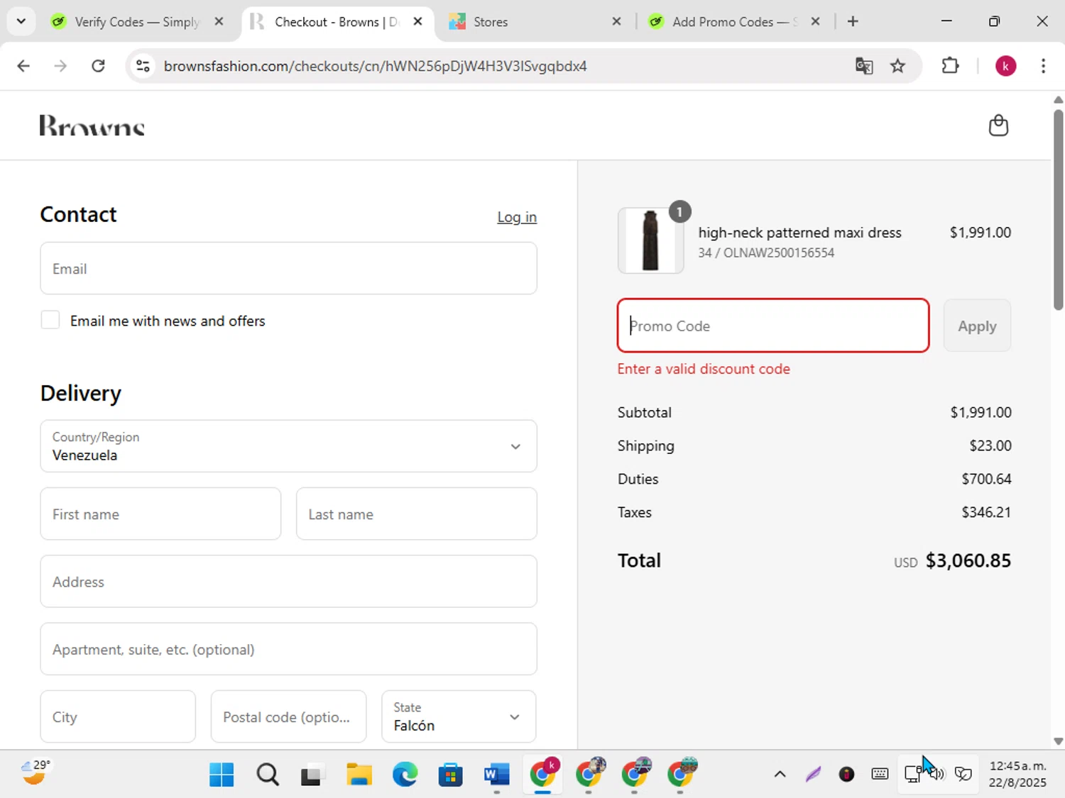 Browns Fashion promo code screenshot showing code 20sale applied at Browns Fashion checkout page. Uploaded by SimplyCodes community member karoline on Aug 22, 2025