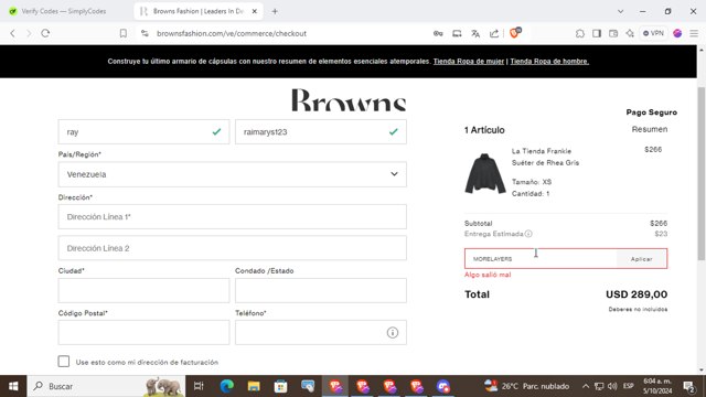 Browns Fashion checkout page showing Browns Fashion promo code box | Screenshot taken by SimplyCodes community member on Oct 5, 2024