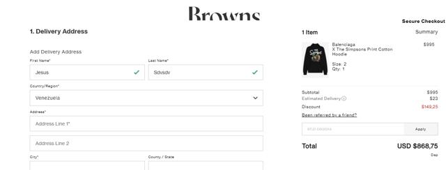 Browns Fashion checkout page showing Browns Fashion promo code box | Screenshot taken by SimplyCodes community member on Jan 10, 2022