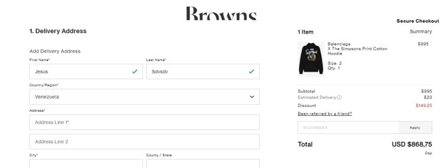 Browns Fashion checkout page showing Browns Fashion promo code box | Screenshot taken by SimplyCodes community member on Jan 10, 2022