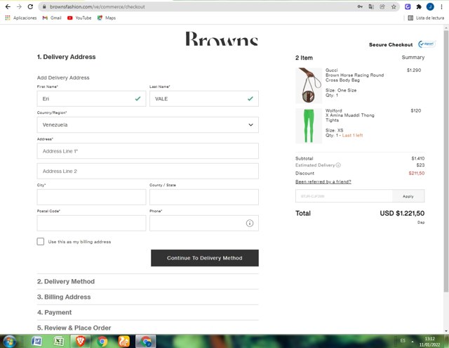 Browns Fashion checkout page showing Browns Fashion promo code box | Screenshot taken by SimplyCodes community member on Jan 11, 2022