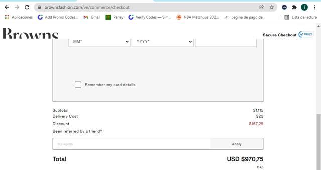 Browns Fashion checkout page showing Browns Fashion promo code box | Screenshot taken by SimplyCodes community member on Jan 11, 2022