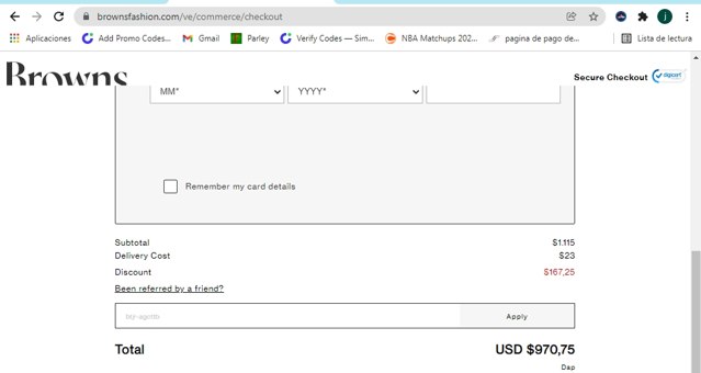 Browns Fashion checkout page showing Browns Fashion promo code box | Screenshot taken by SimplyCodes community member on Jan 11, 2022