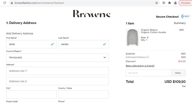 Browns Fashion checkout page showing Browns Fashion promo code box | Screenshot taken by SimplyCodes community member on Jan 11, 2022