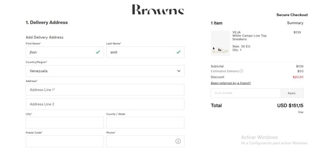 Browns Fashion checkout page showing Browns Fashion promo code box | Screenshot taken by SimplyCodes community member on Jan 14, 2022
