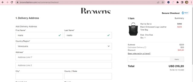 Browns Fashion checkout page showing Browns Fashion promo code box | Screenshot taken by SimplyCodes community member on Nov 29, 2022