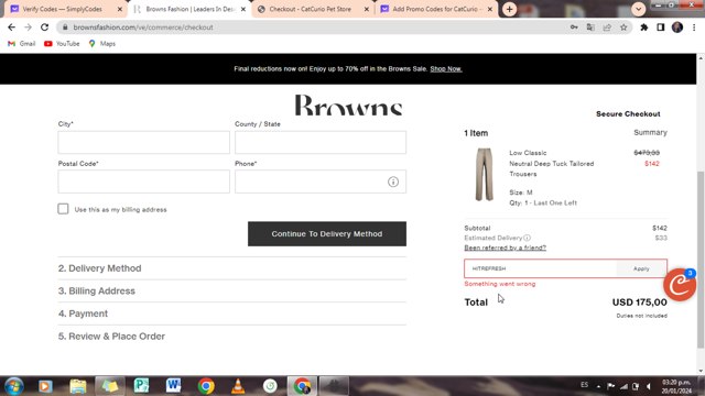 Browns Fashion checkout page showing Browns Fashion promo code box | Screenshot taken by SimplyCodes community member on Jan 20, 2024