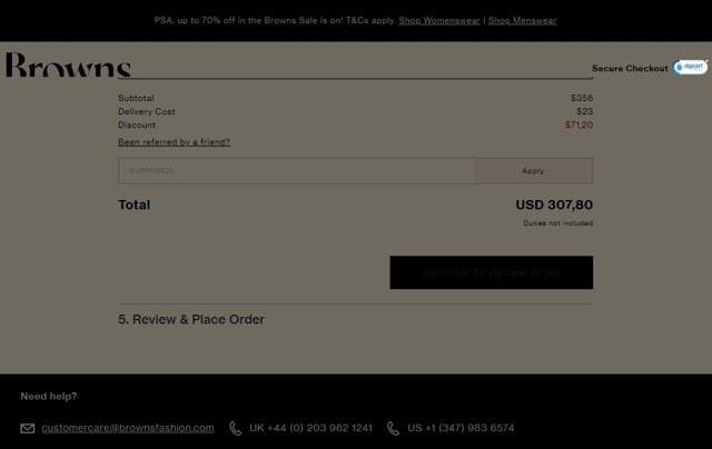 Browns Fashion checkout page showing Browns Fashion promo code box | Screenshot taken by SimplyCodes community member on Jul 29, 2023